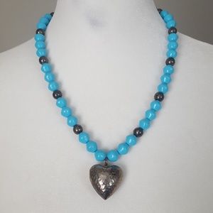 Alabaster Blue Bead and Silver Heart Pendant